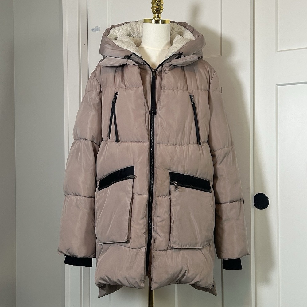 Steve Madden Womens L Faux Fur Hooded Puffer Coat Taupe Black Trim